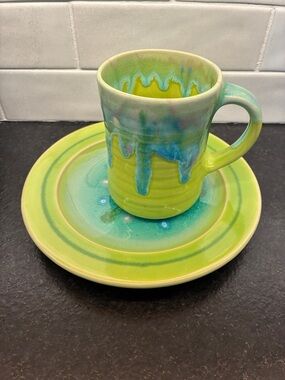 Lasser Ceramic Mug & Dessert Plate Set in Lime Green and Aqua Drip Glaze New